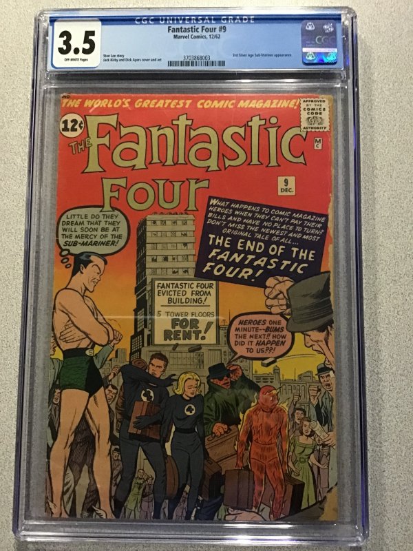 Fantastic Four #9 (1962) CGC 3.5, 3rd Silverage Sub-Mariner, Key Book!