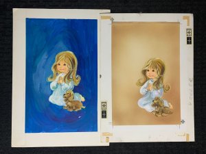 CUTE GIRL Praying with Puppy & Color Rough 2pcs 7x9.5 Greeting Card Art #nn