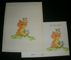 GET WELL SOON Cute Orange Kitten w/ Flower Hat 7.5x9.5 Greeting Card Art #92004