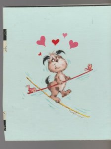 VALENTINE Painted Dog on High Wire w Hearts Birds 6x7.5 Greeting Card Art #V3534