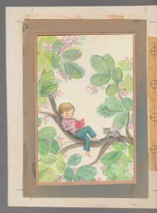 BIRTHDAY Cute Boy in Tree Reading w/ Kitten 6.5x8.5 Greeting Card Art #B8866