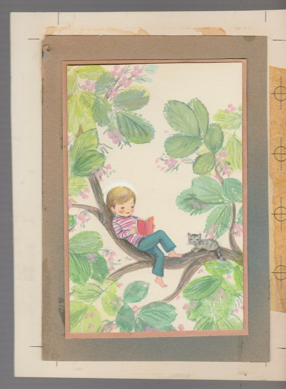 BIRTHDAY Cute Boy in Tree Reading w/ Kitten 6.5x8.5 Greeting Card Art #B8866