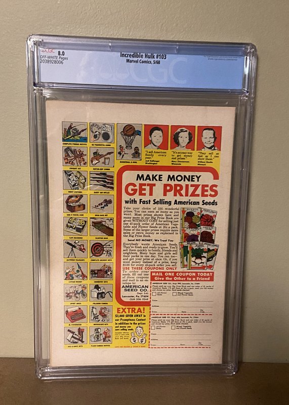 Incredible Hulk #103 (CGC 8.0 VFN)  2nd Monthly Hulk Issue / 1968