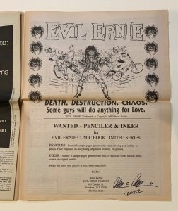 (1990) COMICS CAREER NEWSLETTER 1st EVIL ERNIE in Print! Signed by BRIAN PULIDO