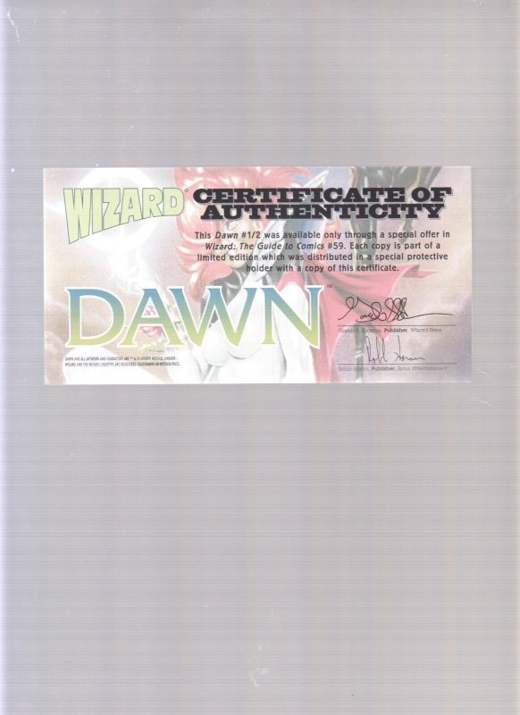 Dawn #1/2 1st Print (9.2 ob) 2000 Wizard Edition with COA /Linsner Cover