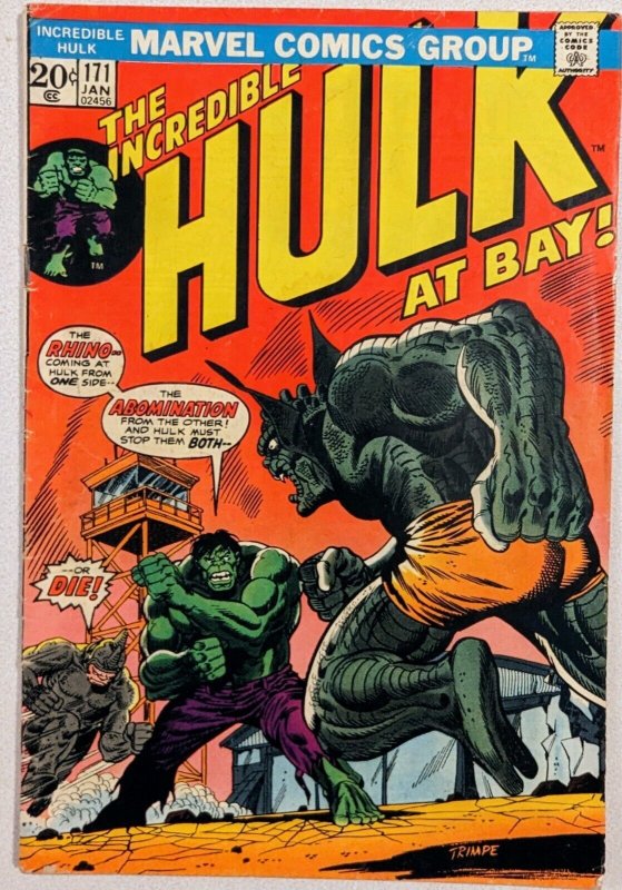 THE INCREDIBLE HULK #171 Jan 1974 Classic Battle Abomination & Rhino Low Grade