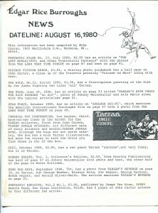 Edgar Rice Burroughs News Dateline #5  8/16/1980-Tarzan-fanzine-newsletter-FN