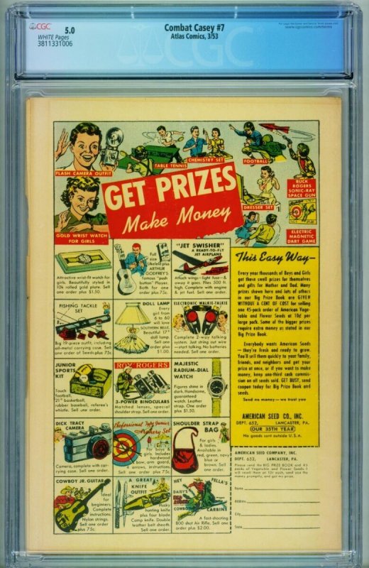 Combat Casey #7 // CGC 5.0 // 1953 // Atlas War comic // 2nd issue // 3811331006