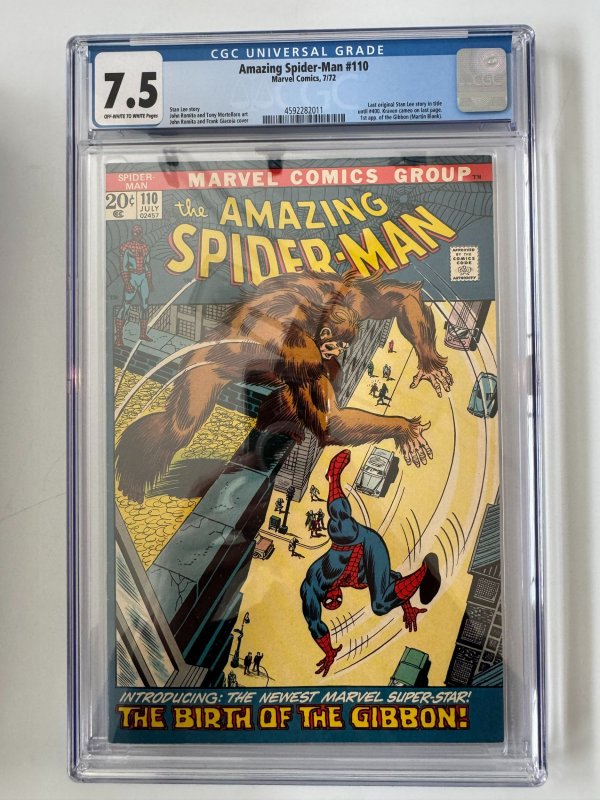 AMAZING SPIDER-MAN #110 CGC 7.5  1ST APPEARANCE GIBBON STAN LEE LAST ORIG (1972)
