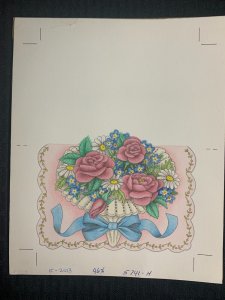 BLANK NOTE CARD Pink Flowers w/ Blue Ribbon 8x9.5 Greeting Card Art #2013