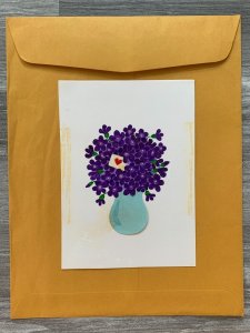 THANKS Purple Flowers in Vase w/ Heart 5x7 Greeting Card Art T1961 w/ 3 Cards