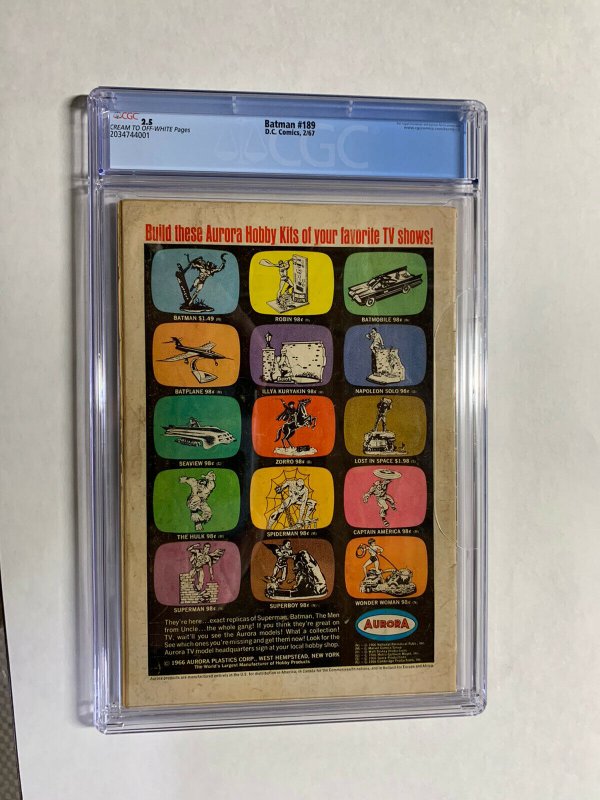 Batman 189 cgc 2.5 Cr/ow pages dc comics 1st silver age scarecrow