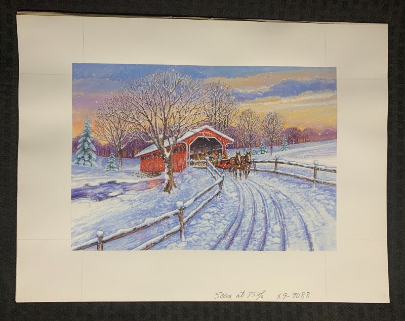 CHRISTMAS Red Covered Bridge in Snow w/ Horses 16.5x13 Greeting Card Art #9088