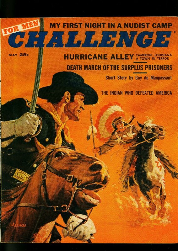 Challenge For Men May 1958- Indian attack cover- nudist camp- cheesecake FN