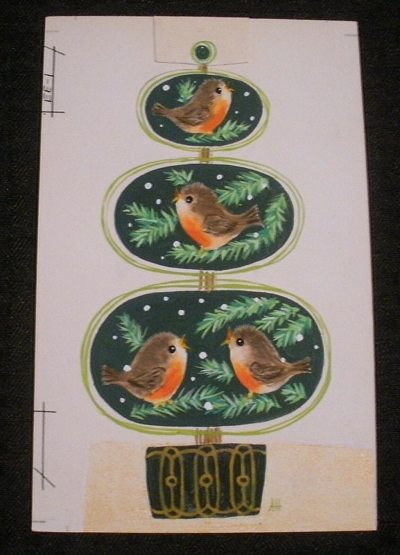 CHRISTMAS Three Birds & Topiary Tree 5x7.5 Greeting Card Art #EE1