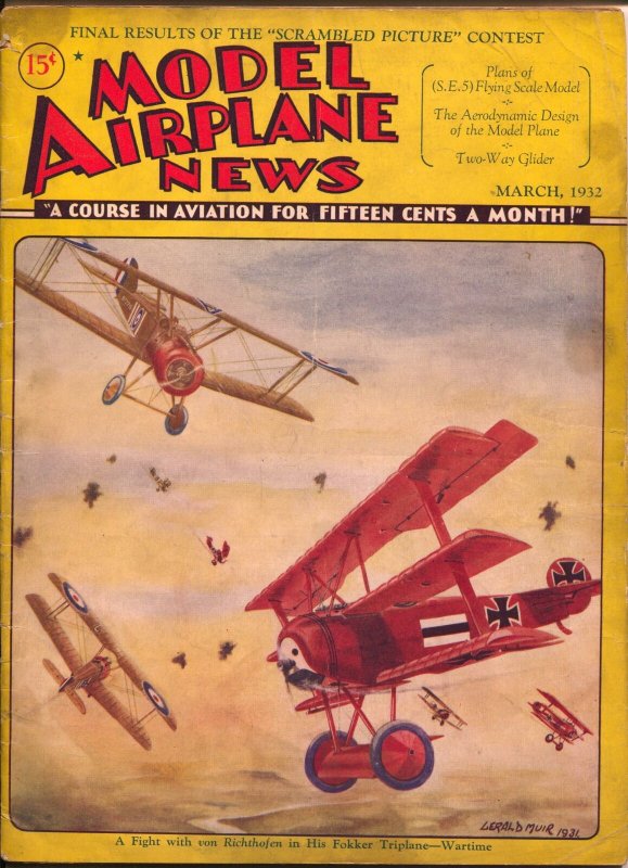 Model Airplane News-3/1932-pulp air war style cover-Gerald Muir-pix info-VG