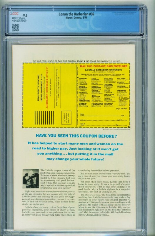 CONAN THE BARBARIAN #36 CGC 9.6--comic book--1974--Marvel-4048257009