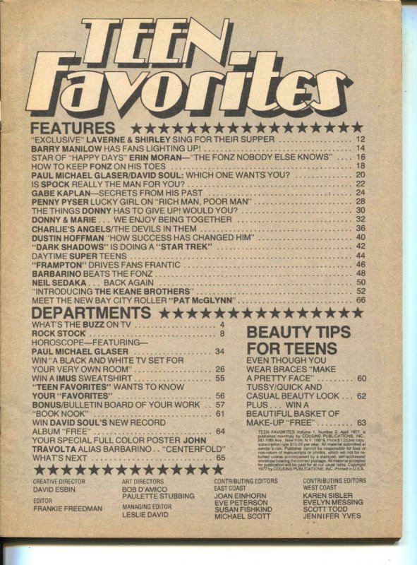 Teen Favorites-Neil Sedaka-Barry Manilow-Donny Osmond-David Soul-Apr-1977