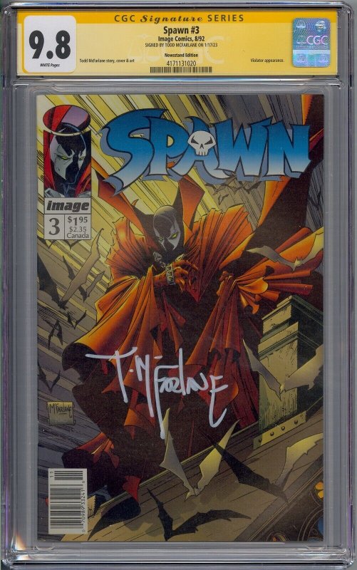 SPAWN #3 CGC 9.8 SS SIGNED TODD MCFARLANE NEWSSTAND WHITE PAGES 3020