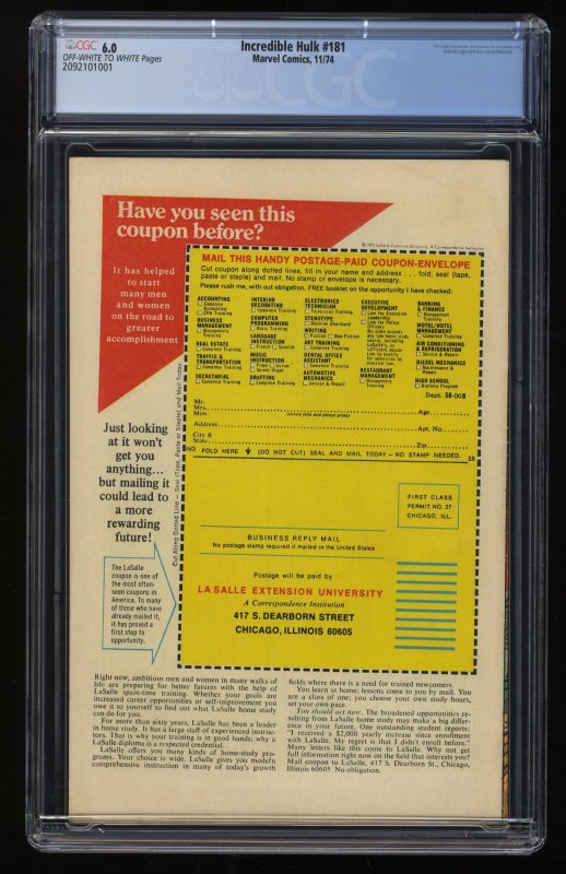 Incredible Hulk #181 CGC FN 6.0 1st Full Appearance Wolverine!