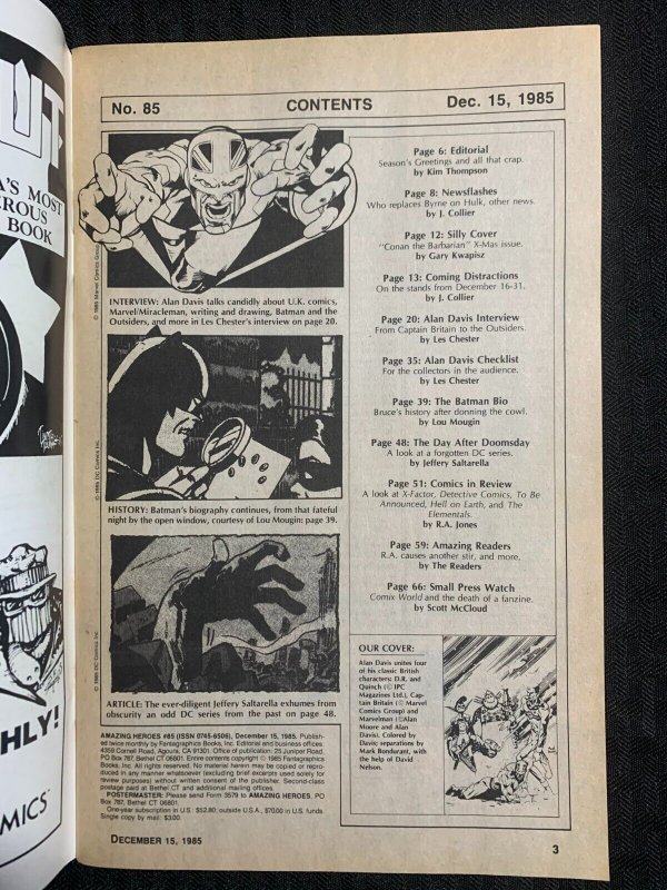 1985 AMAZING HEROES Comic Magazine #85 FN 6.0 Batman Biography / Alan Davis