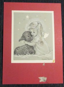 CHRISTMAS Angel Girl w/ Black Lamb & Stars 6.5x9 Greeting Card Art #2001