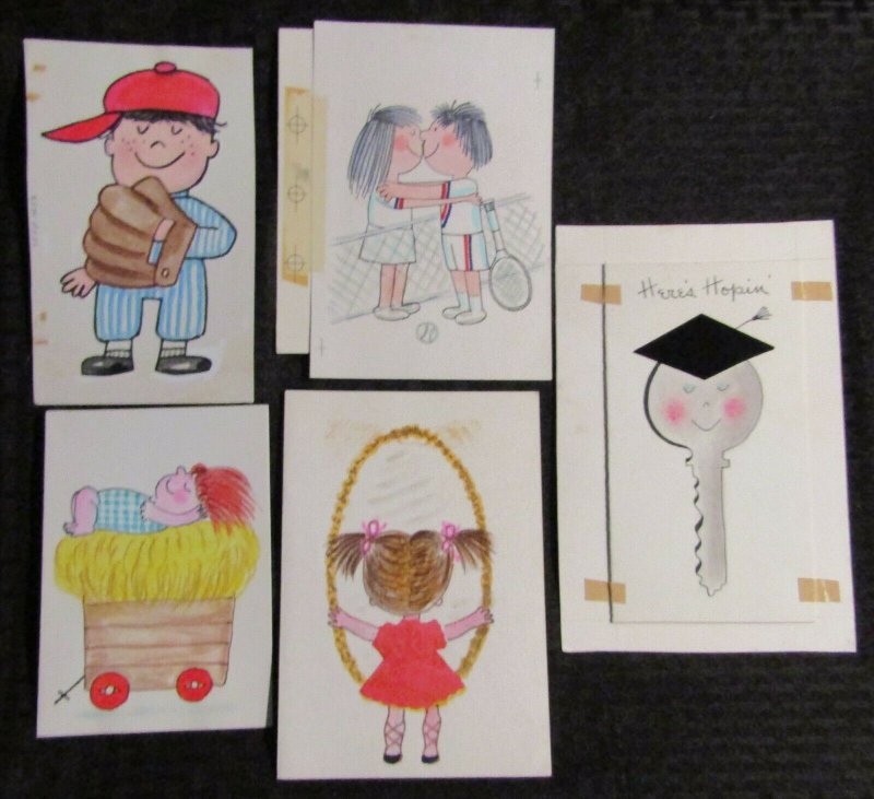 CARTOONS Girl Hayride Tennis Baseball & Key 5x7 Greeting Card Art LOT of 5