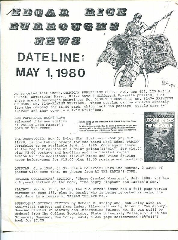 Edgar Rice Burroughs News Dateline #4 5/1/1980-Tarzan-fanzine-newsletter-FN