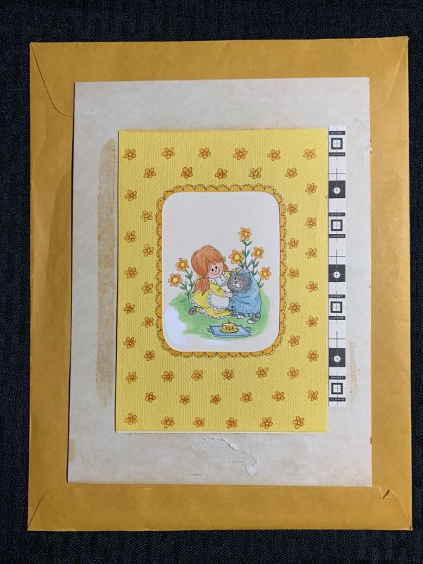 TENDER LOVING CARE Cute Girl w/ Kitten & Flowers 7x9.5 Greeting Card Art 4364