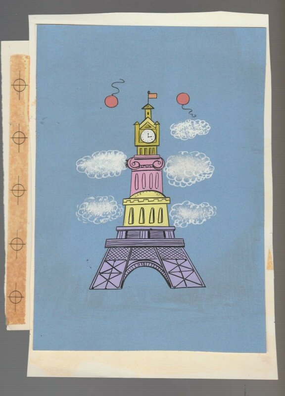 BON VOYAGE Eiffel Tower-ish w/ Clouds & Balloons 6x9 Greeting Card Art #BV4287