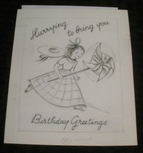 HAPPY BIRTHDAY GREETINGS Cute Girl w/ Pinwheel 5x6 Greeting Card Art #B562