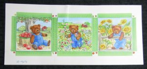 NOTE CARD Three Panels w/ Teddy Bears & Apples 12x5.25 Greeting Card Art #9071