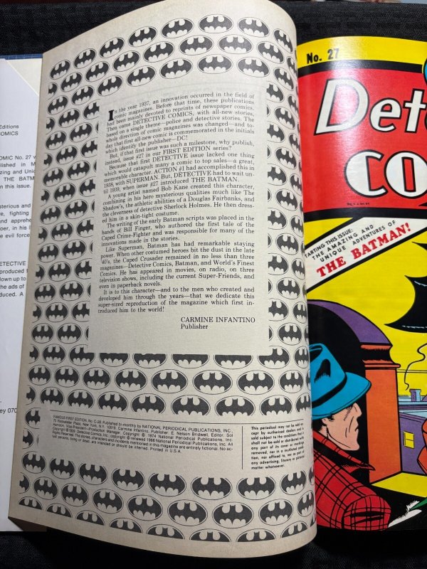 Preprint 1974 FAMOUS 1ST EDITION Detective Comics #27 HC/DJ FN/GD+ Lyle Stuart