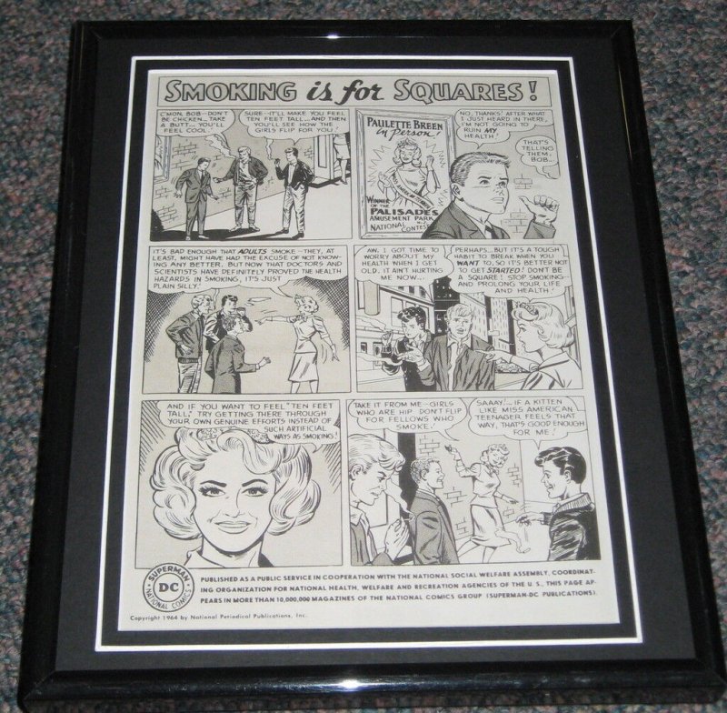 1964 DC Comics Smoking is For Squares Framed Advertisement Official Reproduction 