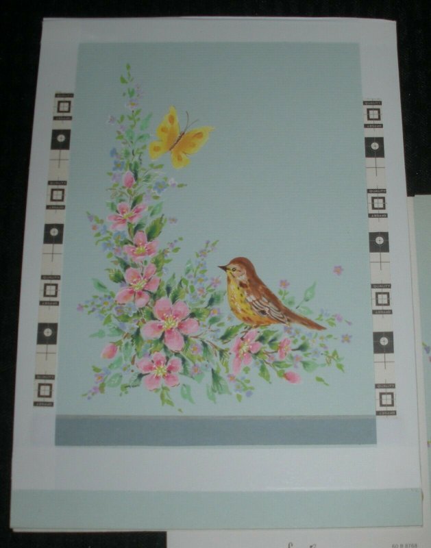 HAPPY BIRTHDAY Yellow Bird Pink Flowers Butterfly 7x10 Greeting Card Art #8768