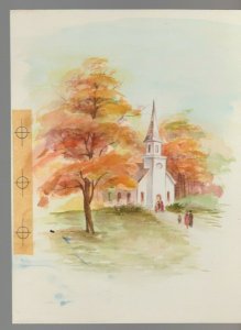 CHURCH w/ People & Trees 6.5x8.5 #7920 Thanksgiving Greeting Card Art