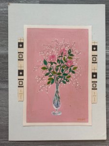 ON YOUR ENGAGMENT Pink Roses in Vase 7x9.5 Greeting Card Art EN1330 w/ 1 Card