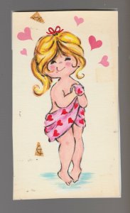 VALENTINES DAY Cute Girl in Towel w/ Hearts 4x7 Greeting Card Art #V3761