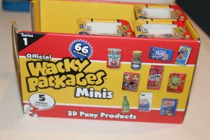 3 sealed Wacky Packages minis 3D Series 1 stickers & advertising display box HTF