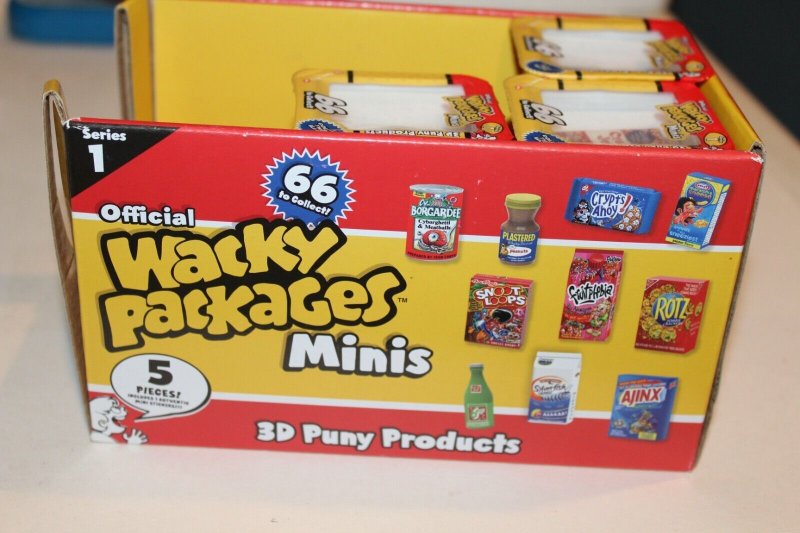 3 sealed Wacky Packages minis 3D Series 1 stickers & advertising display box HTF