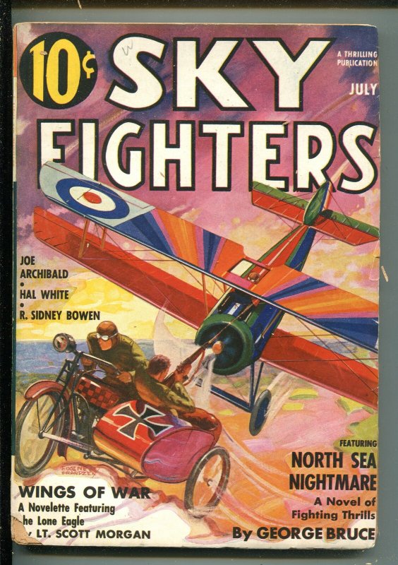 SKY FIGHTERS 7/1937-AIR WAR PULP-THRILLS-LONE EAGLE CROSS OVER-MOTORCYCLE-vg