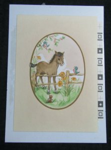 BIRTHDAY Horse Foal w/ Chipmunk & Bird on Fence 7x10 Greeting Card Art #B8584