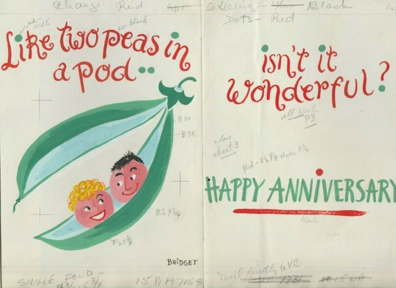 WEDDING ANNIVERSARY Cartoon Peas in Pod 2-Panel 12x9 Greeting Card Art #WA7155