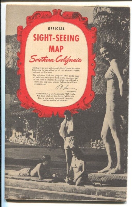 Official Sight-Seeing Map Southern CA 1947-lists of attractions-unique post W...