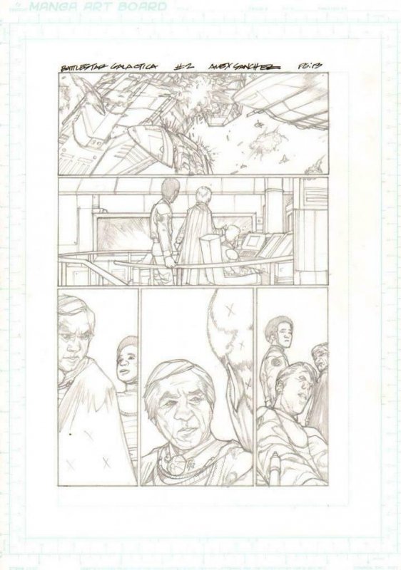 Battlestar Galactica #2 pg13 Original Pencil art ALEX SANCHEZ CYLON RAIDER Adama 