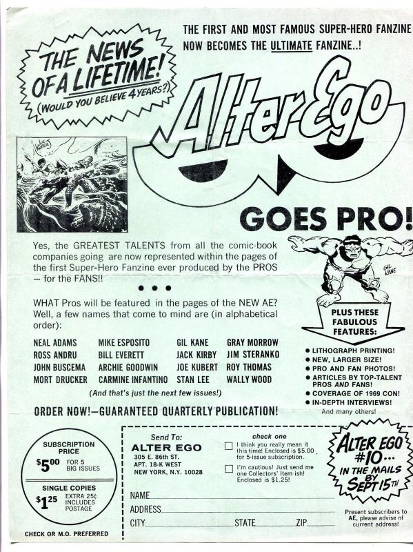 Alter Ego Fanzine Promotional Flyer 1968- Gil Kane- Joe Kubert