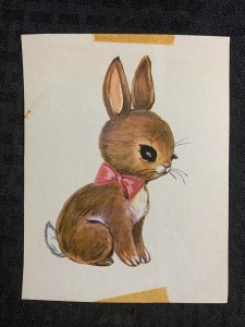 HAPPY EASTER Brown Bunny Rabbit with Pink Bow 4.5x6 Greeting Card Art #nn