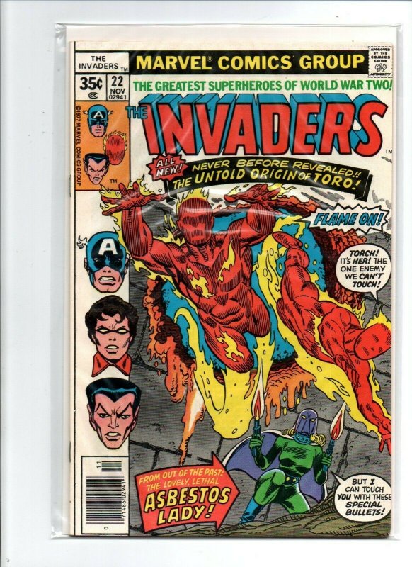 The Invaders #22 newsstand - Captain America - Origin Toro - 1977 - NM