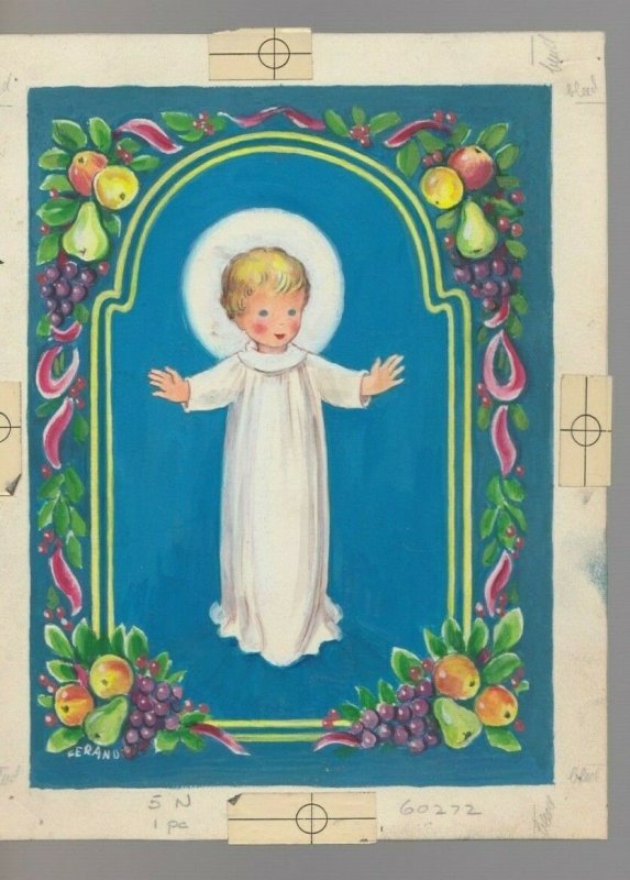 1954 BABY JESUS w/ Fruit Border 6x8 #5N Christmas Greeting Card Art