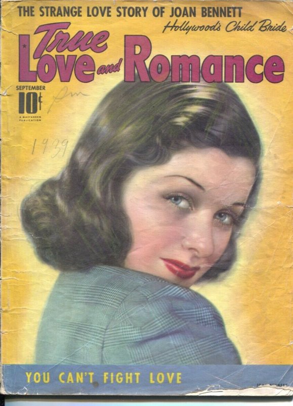 True Love and Romance 9/1939-Joan Bennett pin-up cover-spicy scandals-exploit...